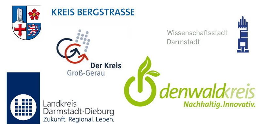 Die Illustration zeigt die Logos der Stadt Darmstadt und der südhessischen Landkreise.